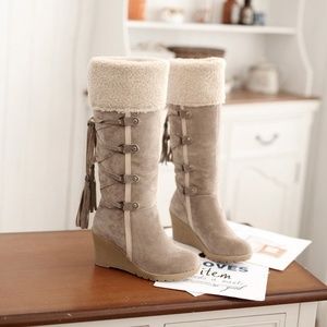 Knee High Fur Boots Lace up Wedge Platform